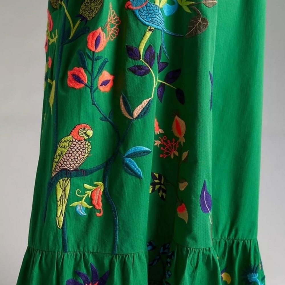Anthropologie Strapless Embroidered Maxi Dress Green Tropical Botanical Smocked - Picture 5 of 9